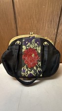 Vintage Silk Brocade Evening Bag Black Floral Kiss Lock Handbag