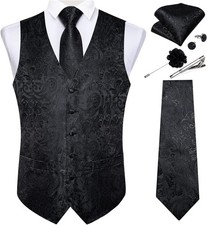 Mens 7PCS Paisley Silk Vest Tie Set Formal Tuxedo Waistcoat Necktie Lapel Pin