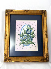 VINTAGE FRAMED FLORAL CROSS STITCH 10 x 12" Blue Read
