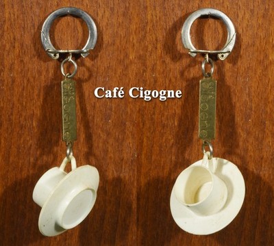 Stork coffee, coffee cup and saucer keychain, white plastic
