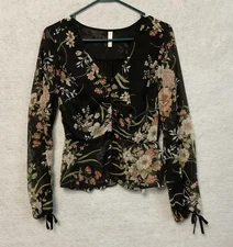 Xhilaration Blouse Womens XS Black Floral Long Sleeve Sheer Button Front