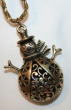 Adorable Sculpted Openwork Brasstone Snowman Pendant Necklace Christmas