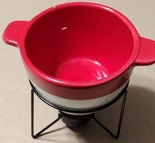 Small Fondue Pot Set NO FORKS Stand Ceramic Metal Red White Chocolate Dip Cheese