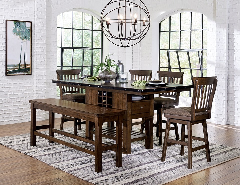 6 PC COUNTER HEIGHT BURNISHED OAK DINING TABLE SWIVEL CHAIRS BENCH