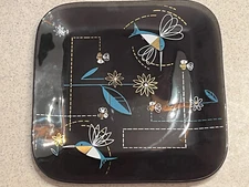 1960's Mid Century Modern Black Smoked Glass Hummingbirds & Bees Plate 7”