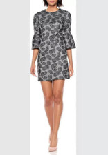 NWT Calvin Klein Women Size 2 Dress Flared Sleeve 65% Cotton Gray Rose Print