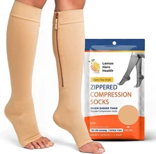 Wide Calf Zippered Compression Socks Zipper Safe Guard Open Toe 15-20 mmhg 5XL