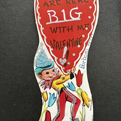 Vtg Valentine s Day Card Boy Diecut 1960s Glitter Elf Fairy Pixie Red Heart