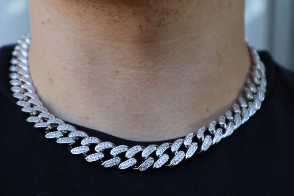 Cadena gargantilla 18 pulgadas 12 mm 14k oro blanco Miami eslabón cubano circonita cúbica VVS pesada sólida Foto 2 de 4