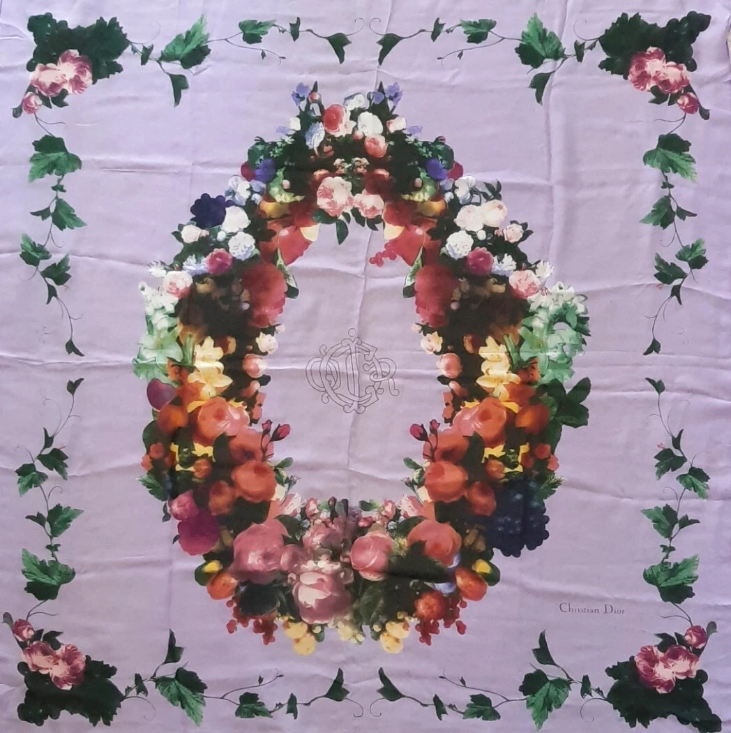 Christian Dior écharpe vintage beau motif floral violet transparent 41 po