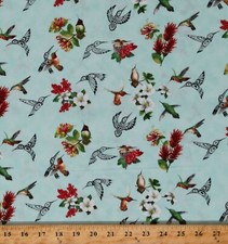 Cotton Hummingbirds Birds Animals Flowers Floral Fabric Print by Yard D477.60
