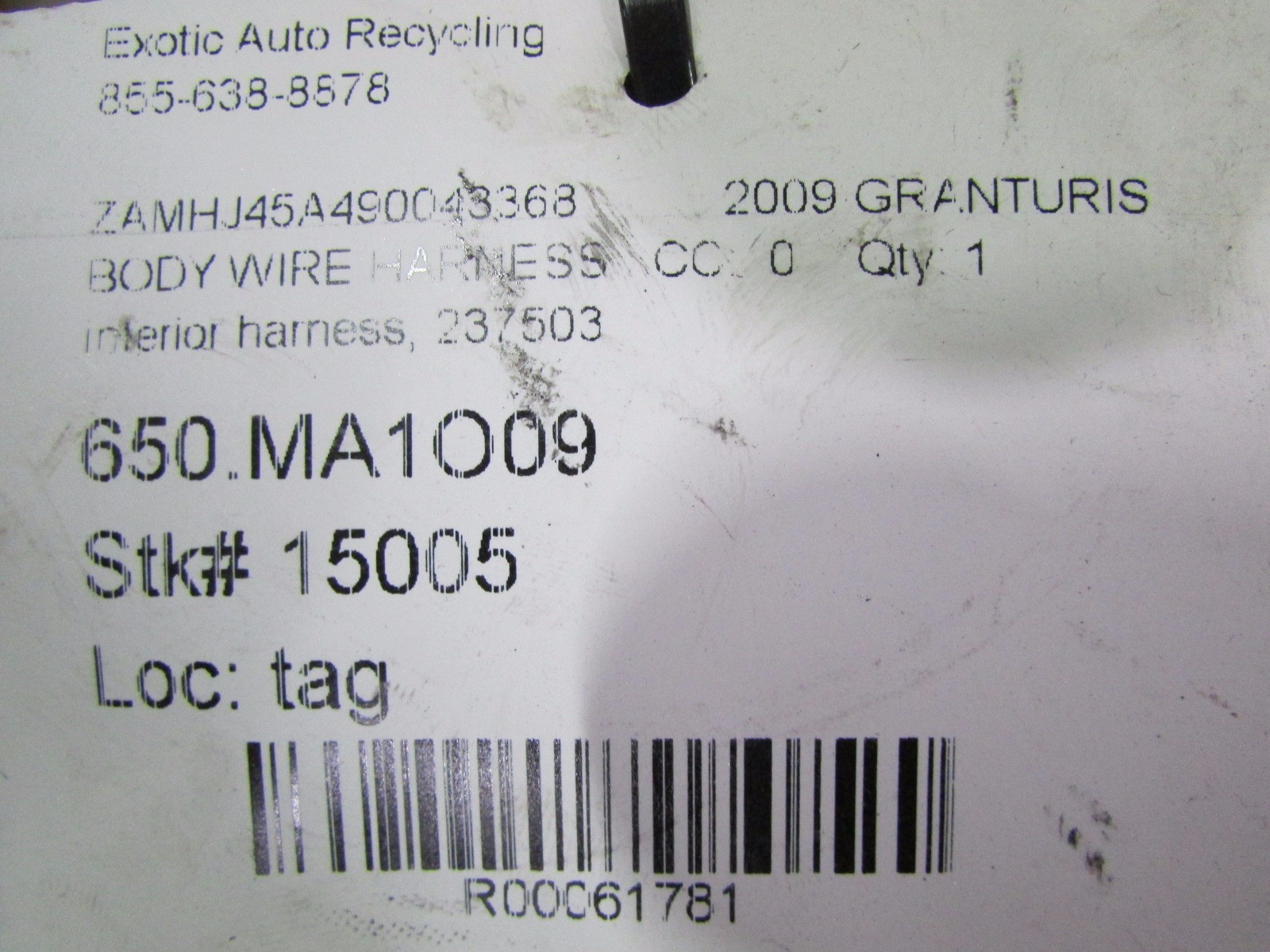 Maserati Granturismo, Interior Body Wire Harness, Used, P/N 237503