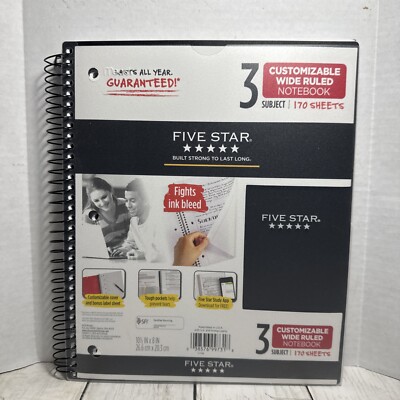 Five Star 3 Customizable Wide Ruled Notebook 170 Sheets With Pockets