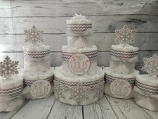 Diaper Cake sets -Baby it's Cold Outside White Red Blue Pink Silver Snowflake