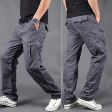 Mens Cotton Cargo Combat Pants Straight Leg Zipped Pocket Trousers Sports Casual