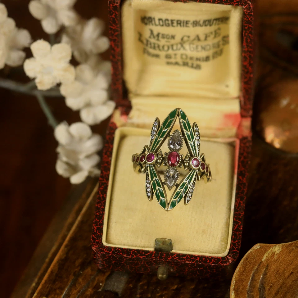 Anello Vermiglio Argento 925 Regolabile Arte Nuovo Libellula Smalto Verde Cz Red - Immagine 3 di 4