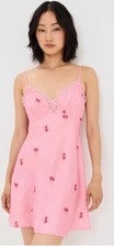 Love Shack Fancy XL Larinda Dress Cherry Pink Floral Print Satin Lace Slip NWT