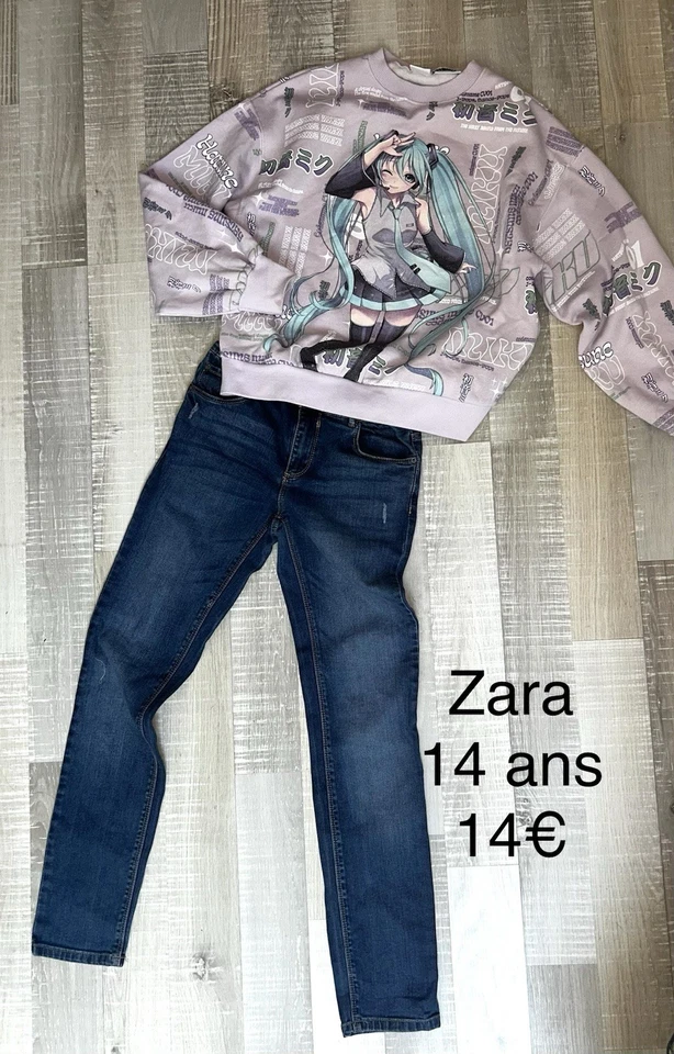Zara 13 / 14 Ans Fille : Sweat Manga Violet Et Jean En Tbe - Photo 1/1
