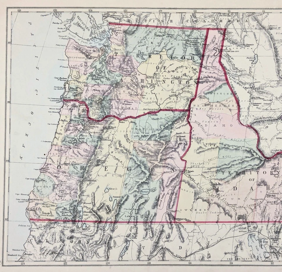 1875 WASHINGTON TERRITORY- IDAHO TERRITORY - OREGON Map ORIGINAL (17x12) - Image 2 of 3