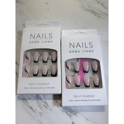 Lot Of 2 Press-On Nails Black/Sparkle Mix Mani 24 Per Pack With Adhesive