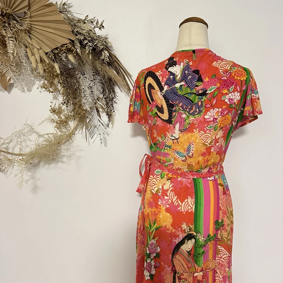 Ruby Yaya Wrap Midi Dress Floral Hawaiian Pattern Colourful Boho Size M Day Tea - image 4 of 4