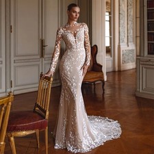 Champagne Mermaid Wedding Dresses Full Sleeve Round Neck Sweep Train Bridal Gown