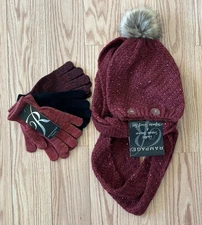 NWT Rampage Sequin Knit Infinity Scarf, Beanie Hat,& 3 Pairs Gloves Set Burgundy