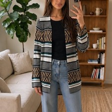 Womens Southwestern Cardigan Small Geometric Tribal Longline Knit Boho Cozy Soft