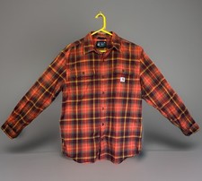 Carhartt Men's Heavy Flannel Shirt Size Medium Orange Plaid Button Up Loose Fit