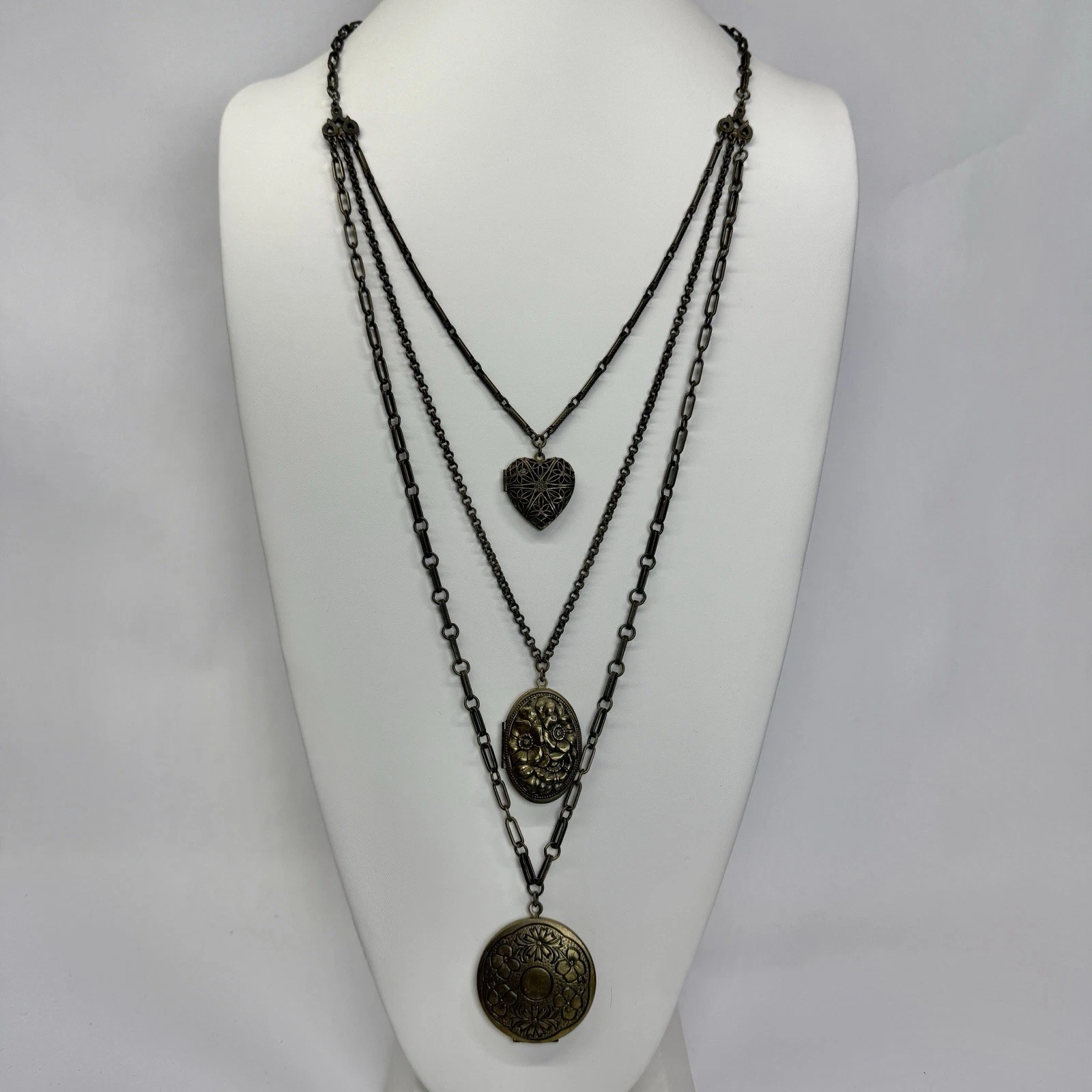 BEN AMUN Triple Locket Layered Brass Gold Tone Vintage Necklace Jewelry N268