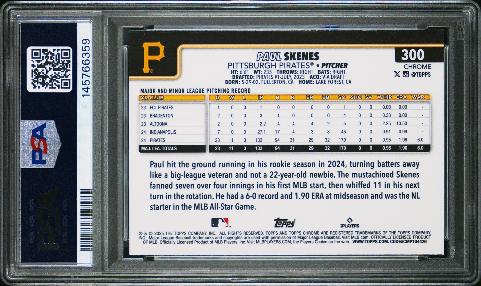 2025 Topps Chrome Paul Skenes Aqua Refractor #144/199 PSA 10 AD263 view 2