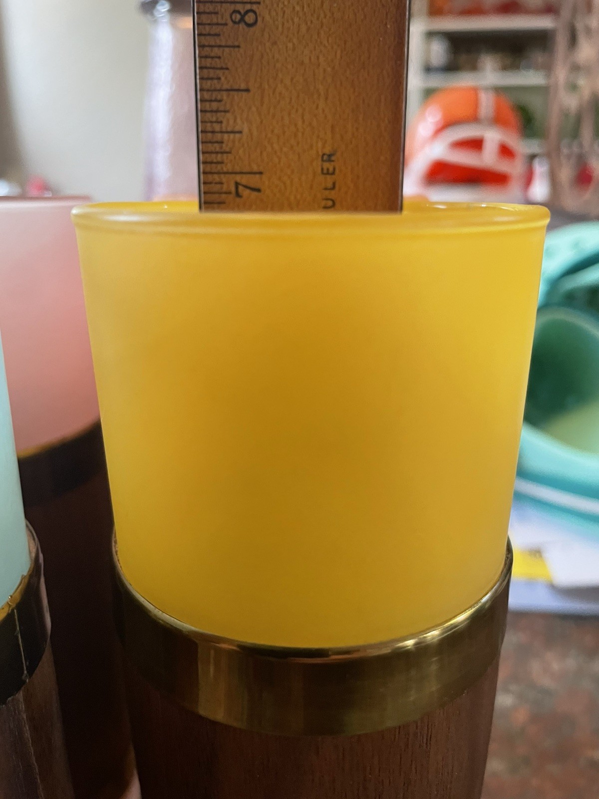 Vintage Set 6 Colorful Tiki Drinking Glasses W/ Walnut Wood Grip And Gold Trim