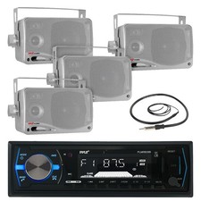 PLMRB29B Black Marine AUX AM FM Radio, Antenna, Silver 3.5" 200W Box Speakers