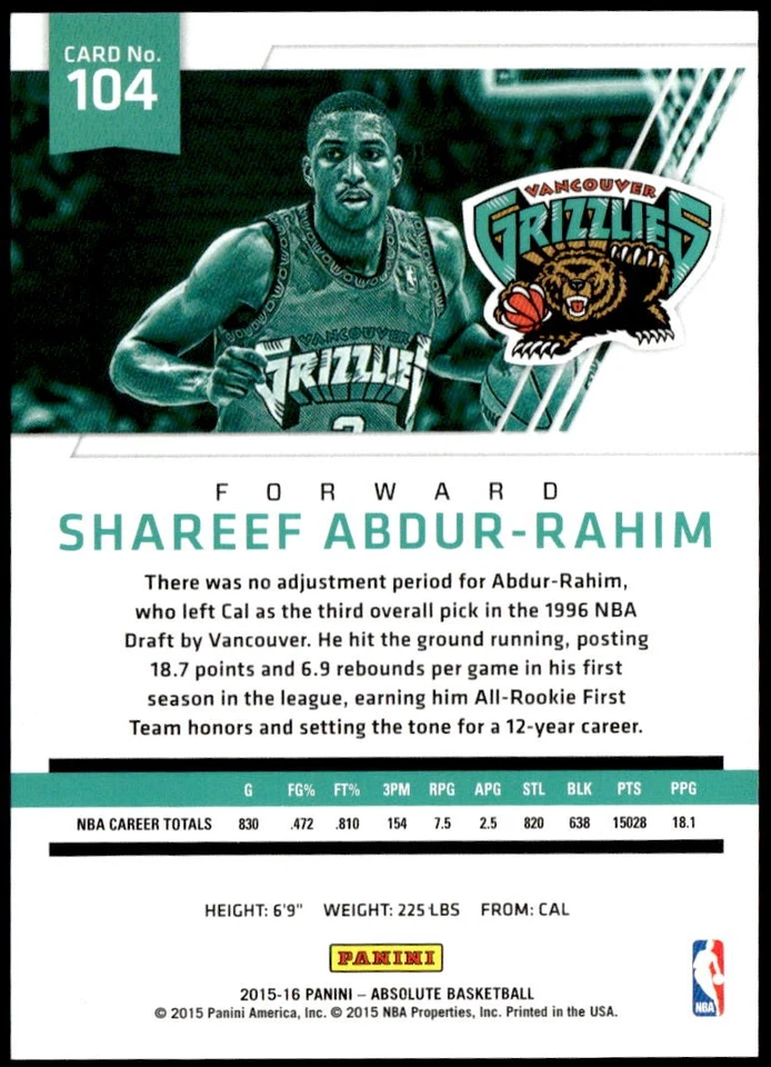 2015-16 Panini Absolute #104 Shareef Abdur-Rahim #/999 E1 - Image 2 of 2