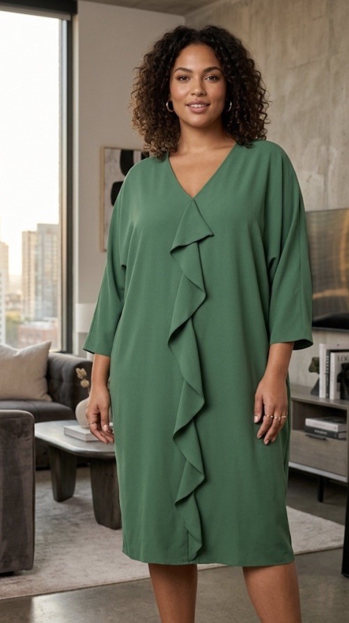 marina rinaldi green dress EMERALD RUFFLE FRONT 3/4 SLEEVE PARTY US-18 W NWT Ladies dresses