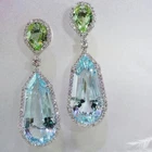 Designer masterpiece, ocean blue aquamarine peridot dangle drop earrings 925S