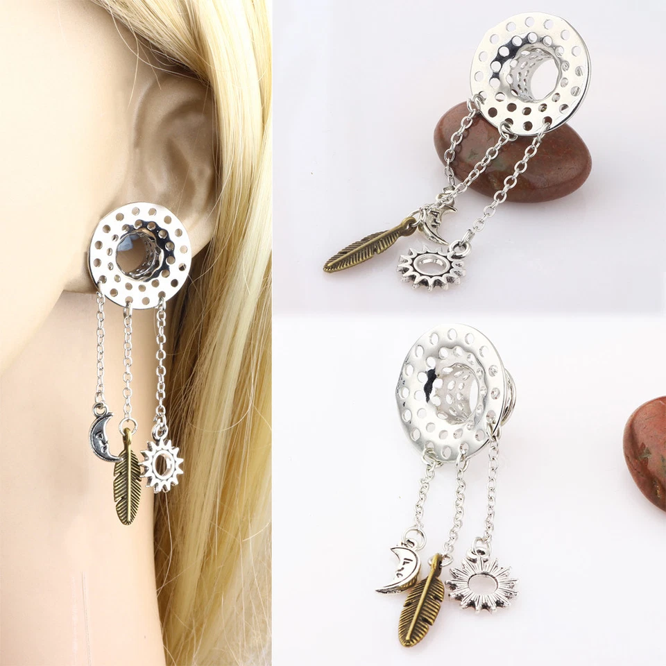 2X Flesh Tunnel Feder Sonnenblume Ohr Plug Double Flared Kette Anhänger Piercing - Bild 3 von 4