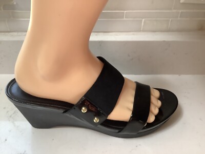 Ralph Lauren Black Patent Stretch Wedge Sandals Rhianna Size 802151638  EUC - Main Image