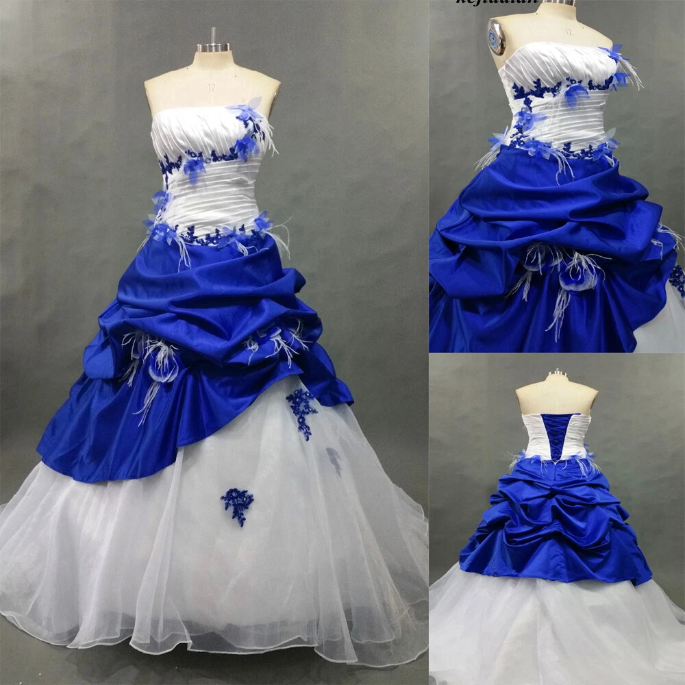 Vintage Wedding Dresses Royal Blue White Flower Ruffles Bridal Gown Satin Lace