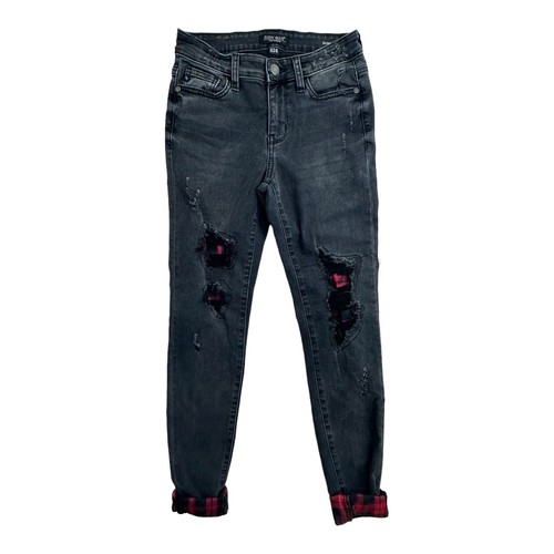 Judy Blue Buffalo Plaid Patch Black Skinny Jeans, Size 0/24 Mid Rise, Distressed - Picture 3 of 16
