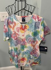 Zoe  Chloe Small S Heart Ties Notch Neck Scrub Top Women Ladies Shirt Red White