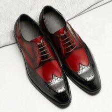 Handmade Mens Two tone brogue dress shoes, Men red and black formal shoes