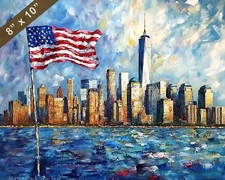 New York City skyline with USA flag waving oil painting 8x10 Print