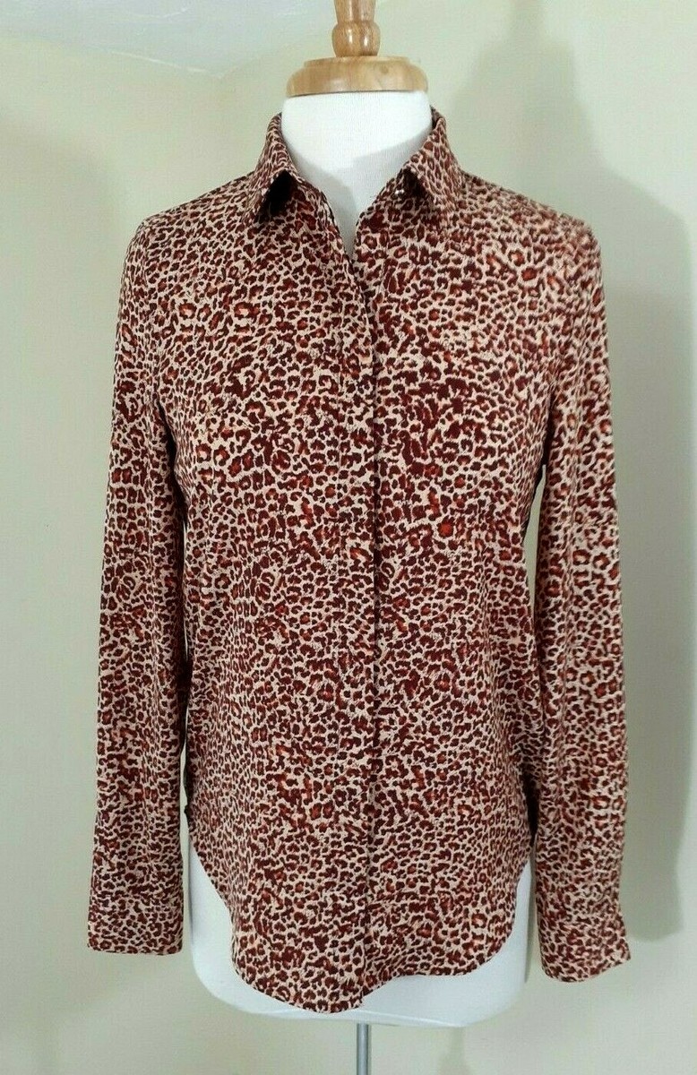 H&M Leopard Print Button Up Blouse Size 0 Long Sleeve