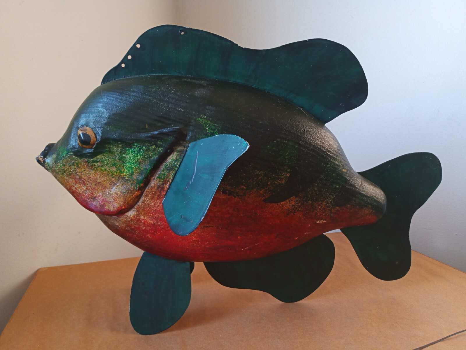 Vtg Carved Wooden Spearing Fish Sunfish Decoy P. Campbell Folk art 18"