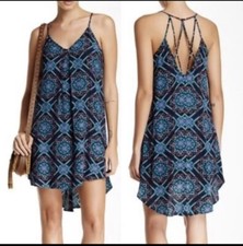 ASTR The Label Blue/Black Strappy Printed Geometric Dress Size Large