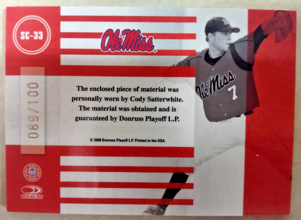 2008 Donruss Elite CODY SATTERWHITE NCAA Ole Miss GREY JERSEY Swatch #'d /100! - Image 2 of 2