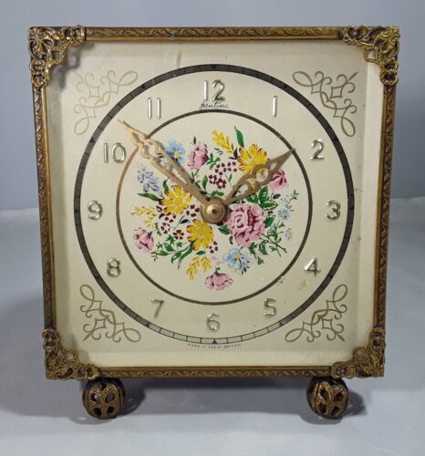 VINTAGE PETIT POINT TAPESTRY PAINTED FILIGREE  BETIMA CLOCK ENGLAND SHABBY CHIC  - Picture 1 of 12