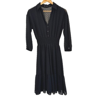 Zara Black Sheer Swiss Dot Collared Midi Dress Smocked Waist Tiered Small