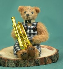 Miniature for dollhouse in teddy bear style, Musician Bear trumpeter with a trum